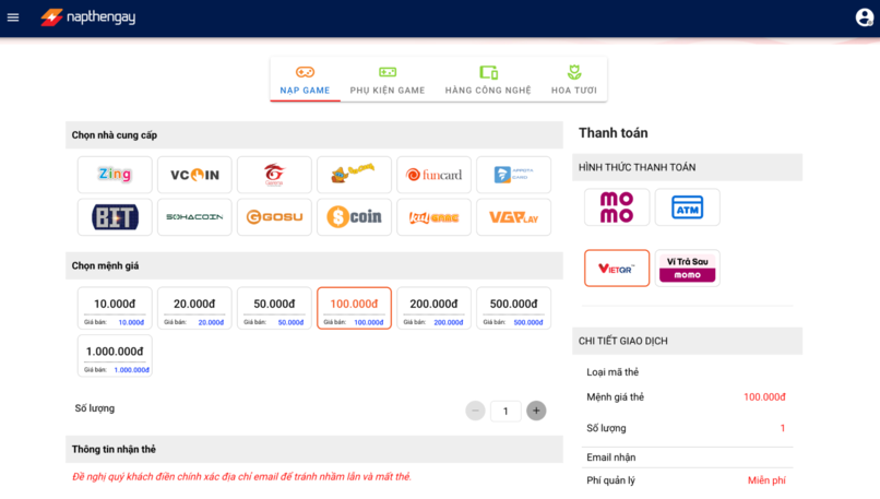 Giao diện nạp thẻ game trên website napthengay.vn.