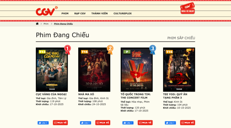 Đặt vé xem phim ngay trên website rạp CGV.