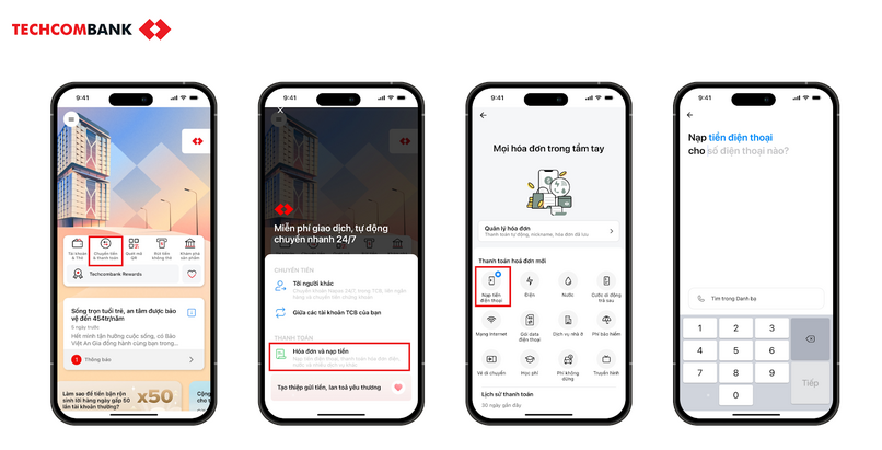 Cách nạp tiền điện thoại online trên Techcombank Mobile.