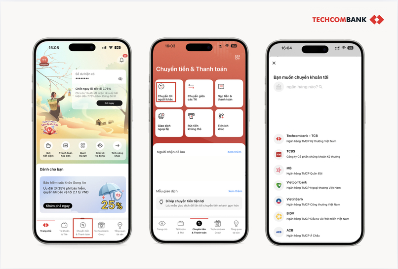 Các bước chuyển tiền vào tài khoản ngân hàng được thực hiện nhanh gọn trên Techcombank Mobile. 