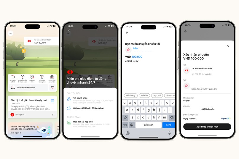 Các bước chuyển tiền vào tài khoản ngân hàng được thực hiện nhanh gọn trên Techcombank Mobile.