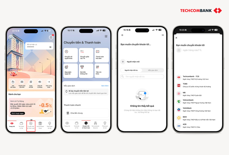 Các bước chuyển tiền vào tài khoản ngân hàng được thực hiện nhanh gọn trên Techcombank Mobile.
