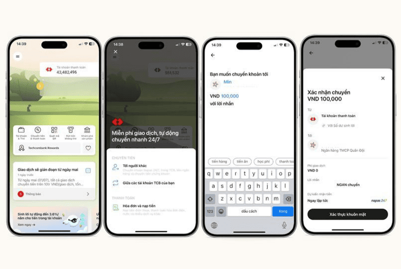 Các bước chuyển tiền vào tài khoản ngân hàng được thực hiện nhanh gọn trên Techcombank Mobile.