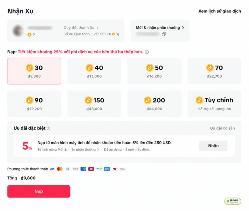 Mức giá ưu đãi khi nạp xu TikTok qua website  

