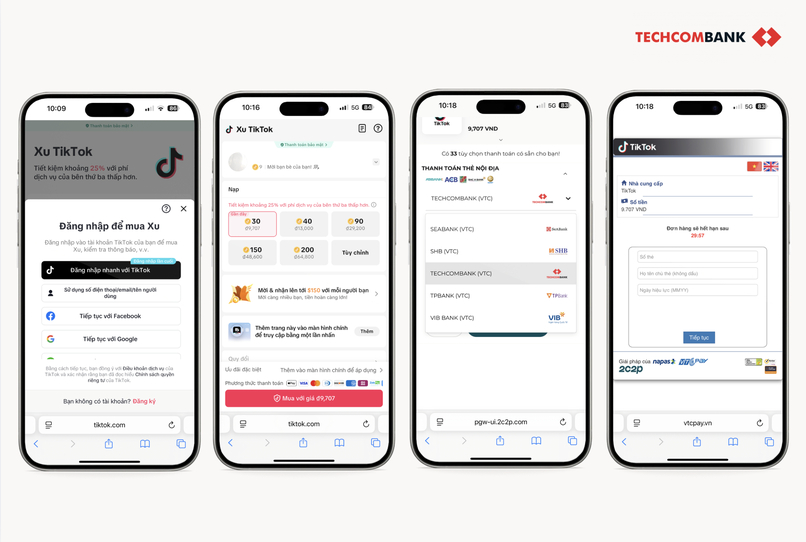 Hướng dẫn nạp xu TikTok bằng thẻ thanh toán (thẻ ghi nợ) nội địa Techcombank. 

