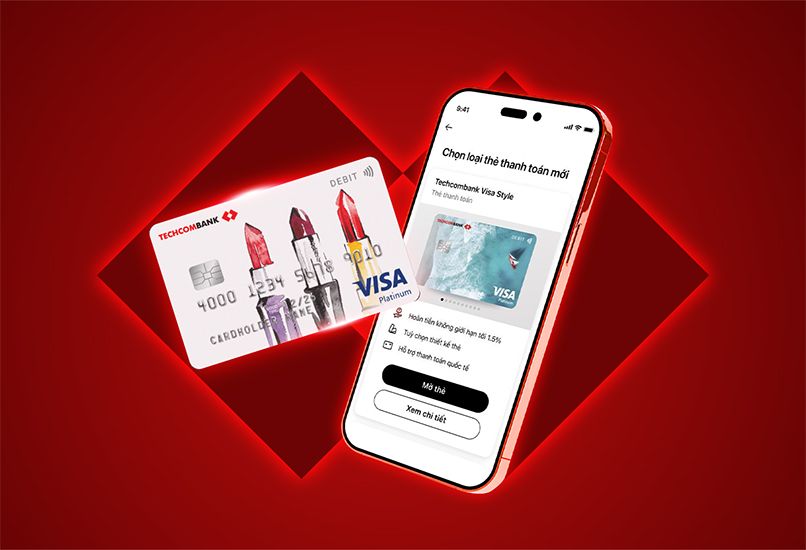 Thẻ Visa Techcombank và giao diện Techcombank Mobile