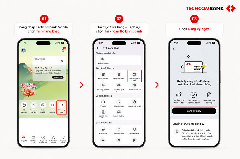 Khách hàng đăng ký mở Tài khoản Hộ kinh doanh trên Techcombank Mobile.