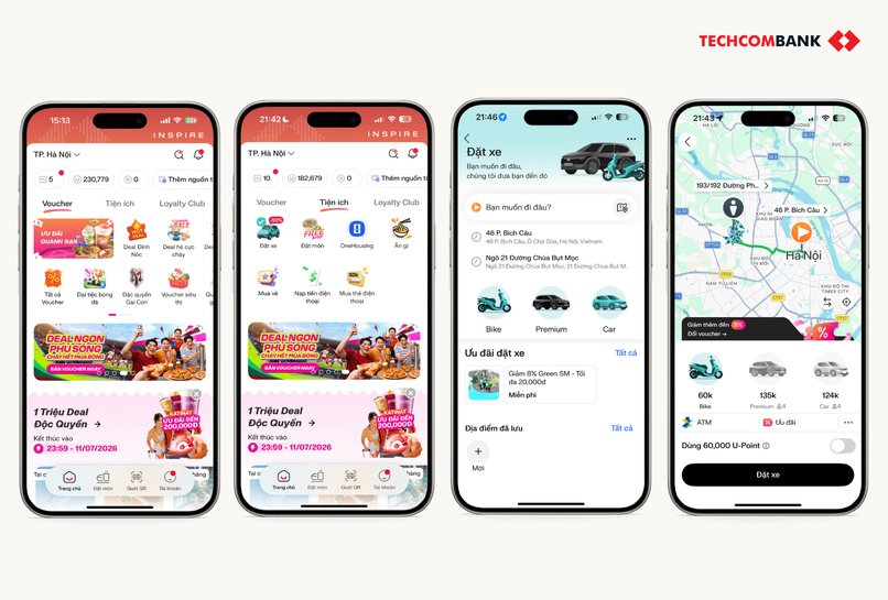 Đặt xe với UPoint trên app Techcombank OneU. 