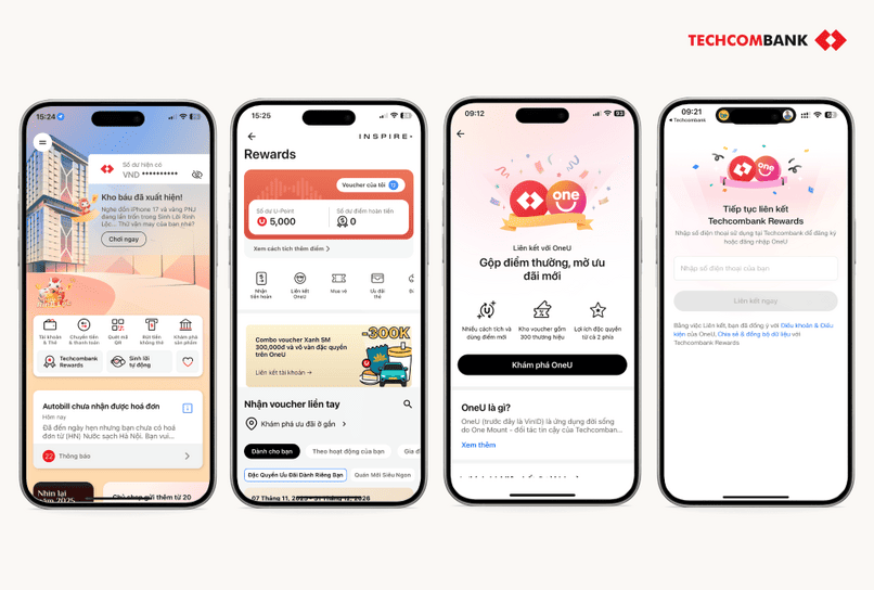 Hướng dẫn liên kết Techcombank Rewards và OneU.