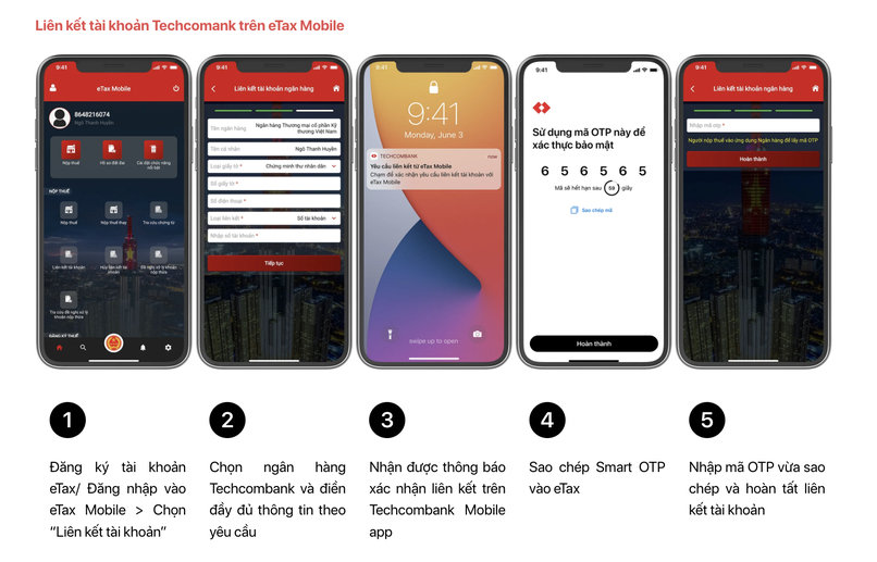 Các bước liên kết tài khoản Techcombank với eTax Mobile. 