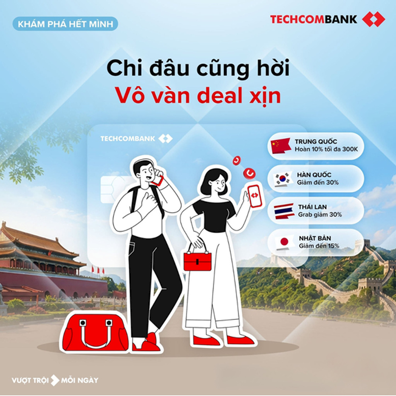 Quẹt thẻ Techcombank, không lo âu về phí khi du lịch nước ngoài.