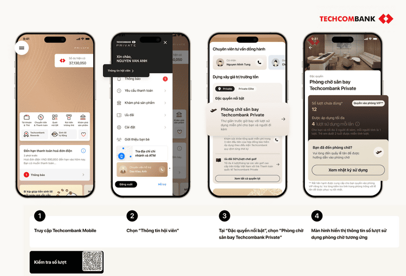 Kiểm tra số lượt sử dụng phòng chờ sân bay trên Techcombank Mobile.