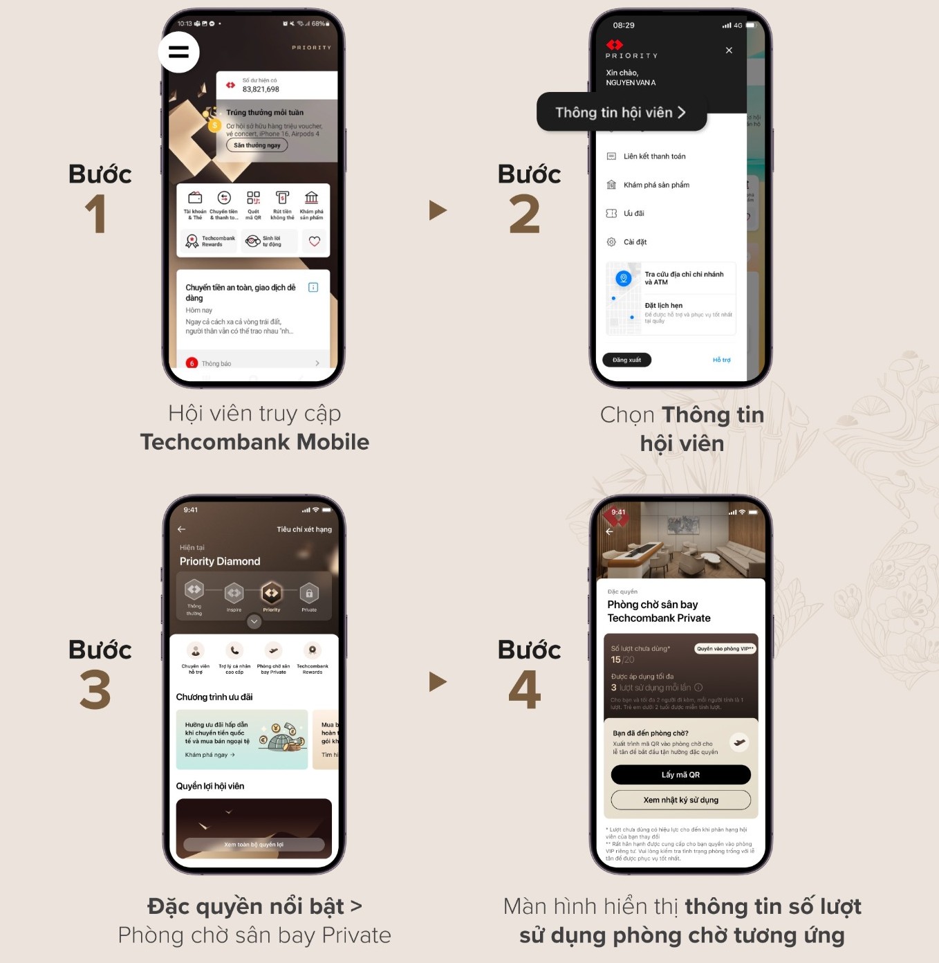Các bước kiểm tra số lượt phòng chờ trên Techcombank Mobile.
