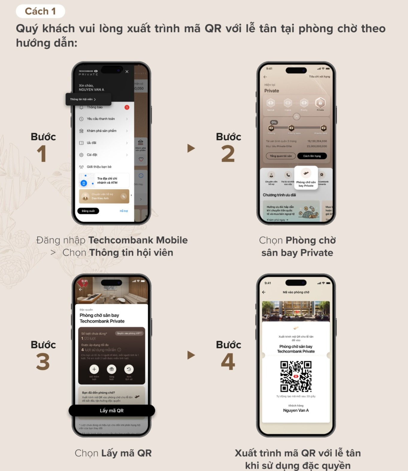 Các bước check-in bằng mã QR trên Techcombank Mobile