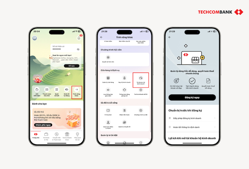 Khách hàng Đăng ký mở tài khoản Hộ kinh doanh ngay trên Techcombank Mobile.