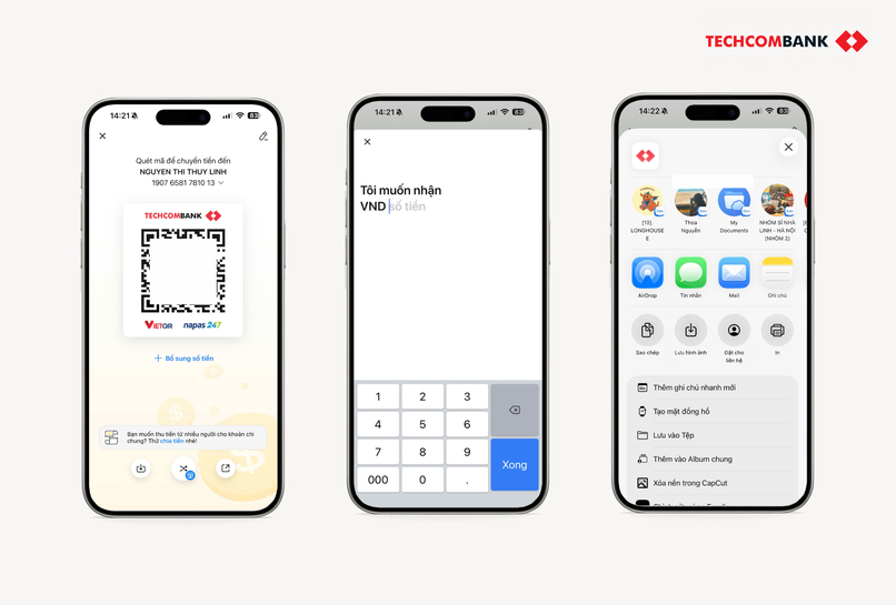 Người dùng có thể nhập chi tiết số tiền mỗi giao dịch, lưu hình ảnh mã QR hoặc chia sẻ.