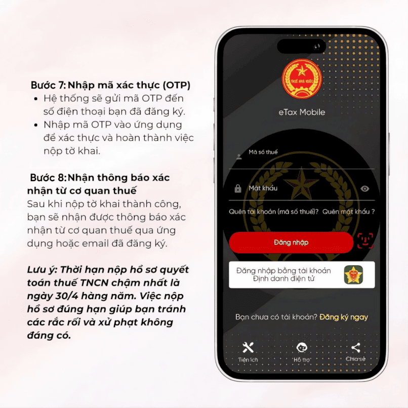 Nhập mã xác thực OTP và nhận thông báo xác nhận từ cơ quan thuế.