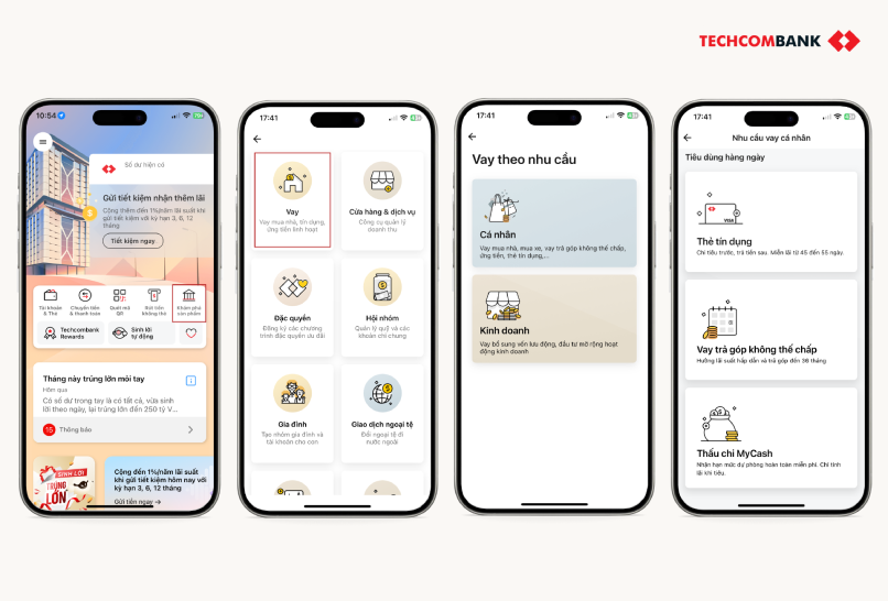 Thao tác vay online trên Techcombank Mobile.