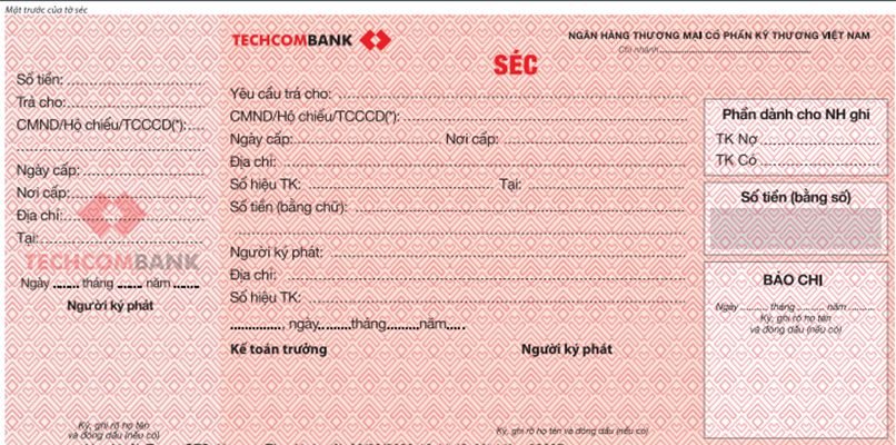 Mặt trước của séc rút tiền tại Techcombank