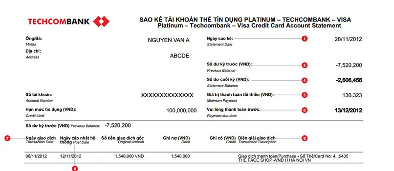 Mẫu sao kê tài khoản thẻ tín dụng Techcombank.