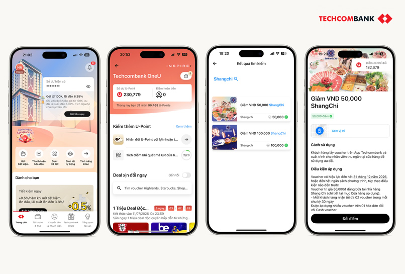 Hướng dẫn đổi điểm UPoint lấy voucher Shang Chi trên Techcombank Mobile.
