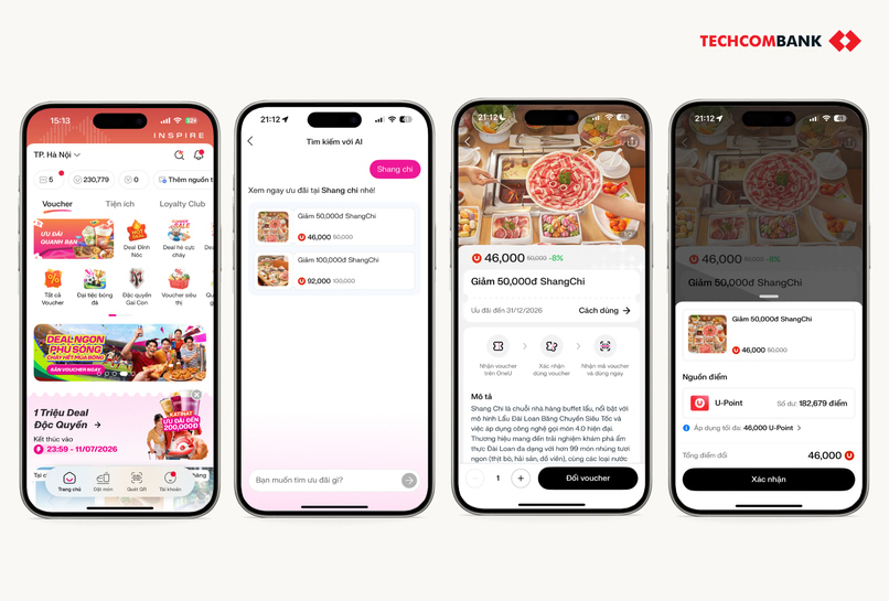 Đổi UPoint nhận voucher Shang Chi trên app Techcombank OneU.