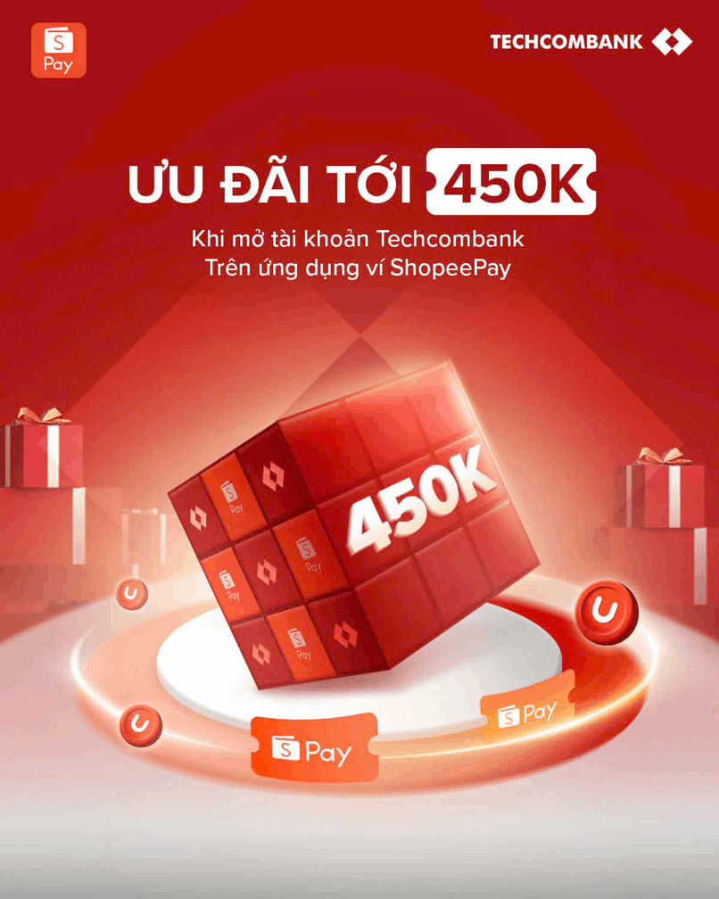 Mở tài khoản Techcombank trên ví ShopeePay, nhận quà tặng tới 450,000 VND.