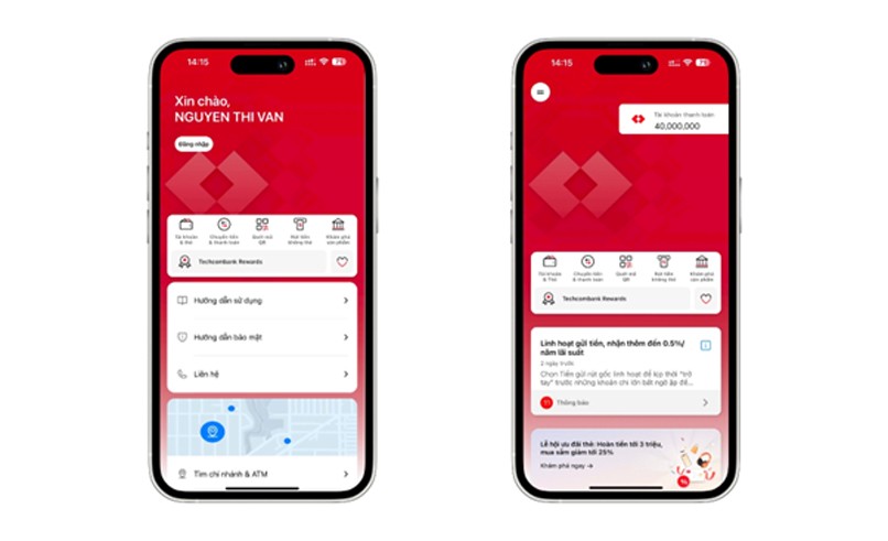 Bạn đăng nhập vào Techcombank Mobile, số dư tài khoản thanh toán sẽ được hiển thị ở góc phía trên bên phải màn hình.