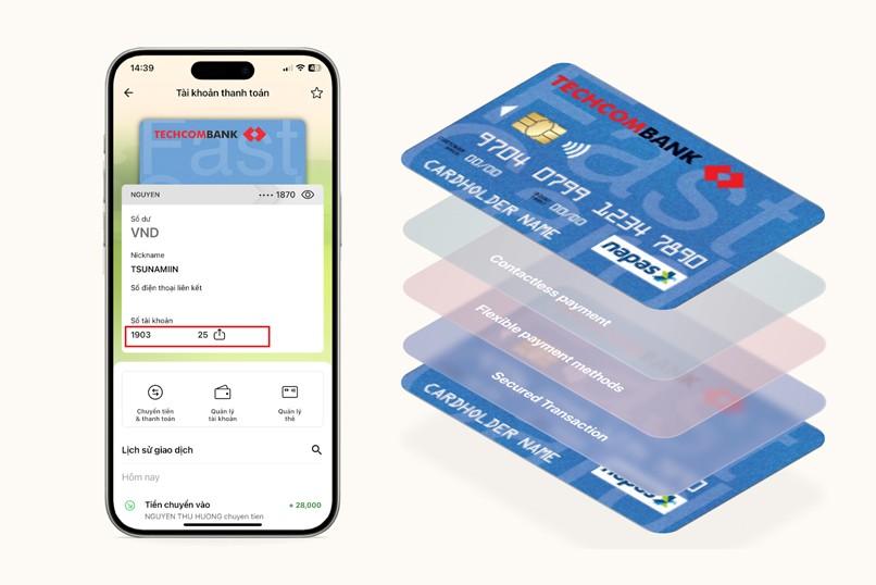 Số thẻ ngân hàng sẽ được in trên thẻ, số tài khoản sẽ được hiển thị trên Mobile Banking.