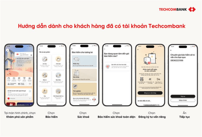Khám phá bảo hiểm sức khỏe trên Techcombank Mobile và để lại thông tin liên hệ để chuyên gia có thể tư vấn 1 - 1.