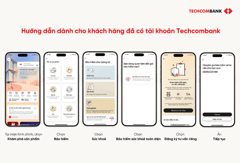 Khám phá bảo hiểm sức khỏe trên Techcombank Mobile và để lại thông tin liên hệ để chuyên gia có thể tư vấn