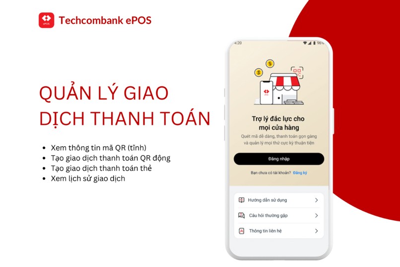 Với tính năng quản lý giao dịch thanh toán, người dùng có thể xem thông tin mã QR, tạo QR giao dịch, thanh toán thẻ và xem lịch sử giao dịch.