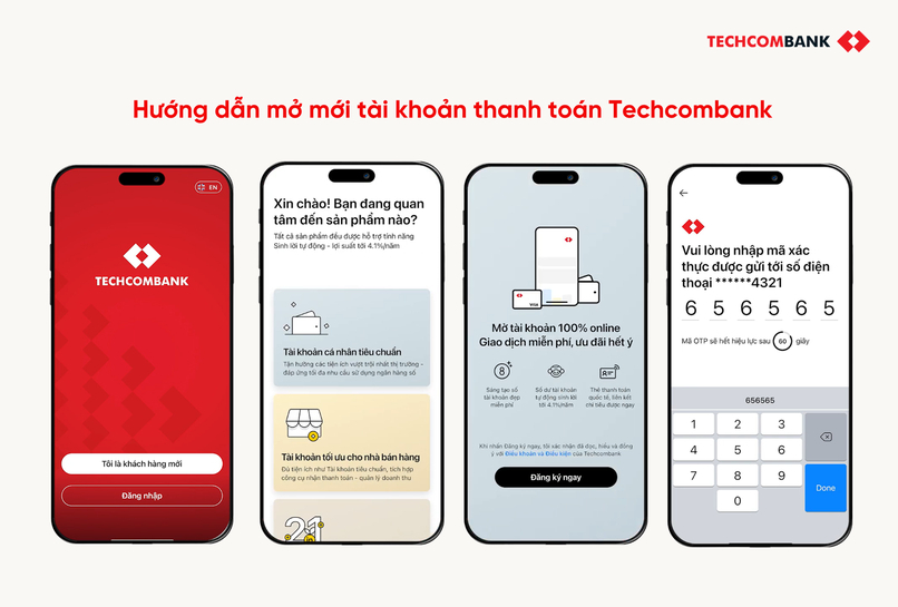 4 bước mở mới tài khoản thanh toán Techcombank trên Techcombank Mobile.