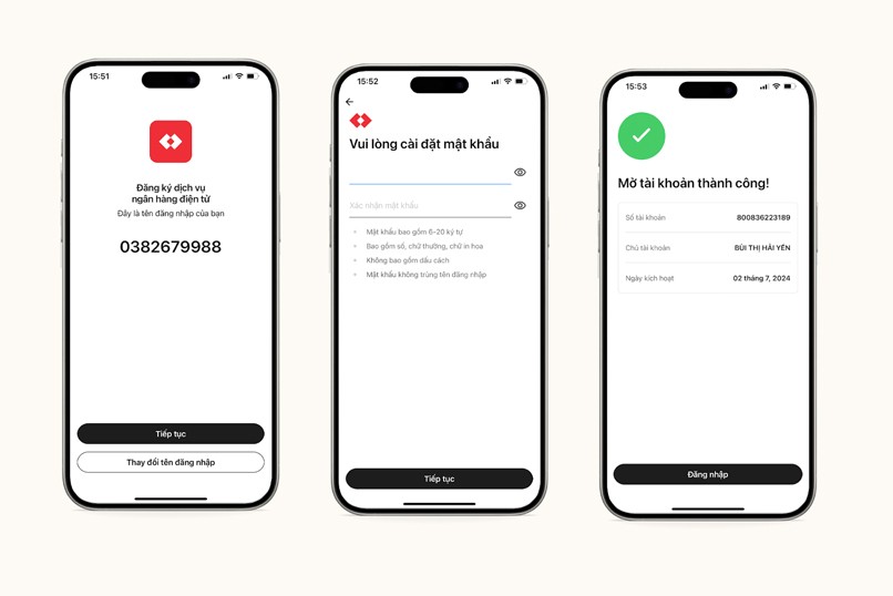 Sau khi cài đặt mật khẩu theo quy định của ngân hàng, khách hàng hoàn tất quy trình mở tài khoản thanh toán.