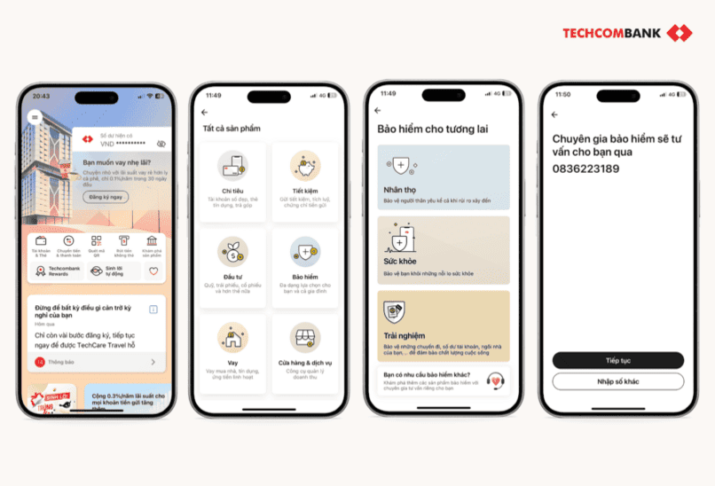 Khám phá các sản phẩm bảo hiểm trên Techcombank Mobile và để lại thông tin liên hệ để chuyên gia có thể tư vấn 1 - 1.