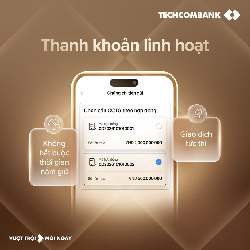 Khách hàng sở hữu Chứng chỉ tiền gửi Bảo Lộc được phát hành bởi Techcombank có thể dễ dàng mua bán linh hoạt khi cần.