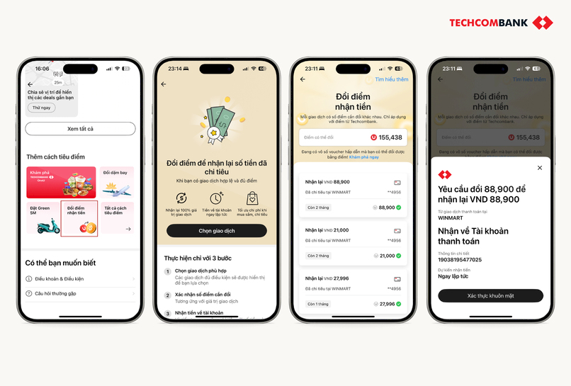 Các bước đổi điểm nhận tiền với Techcombank OneU trên Techcombank Mobile.
