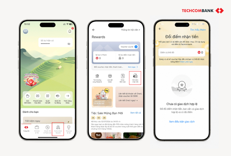 Các bước đổi điểm nhận tiền từ Techcombank OneU.