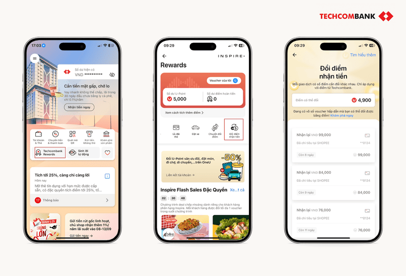 Các bước đổi điểm nhận tiền từ Techcombank Rewards.