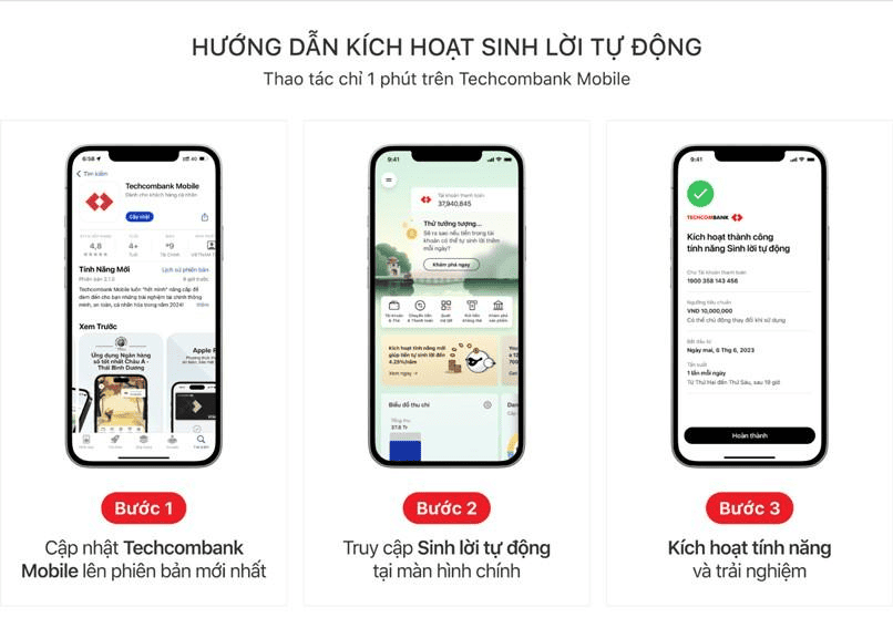 Kích hoạt Techcombank Sinh Lời Tự Động chỉ với 3 bước trên Techcombank Mobile.