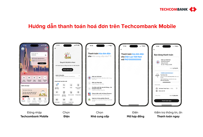 Ví dụ thanh toán hoá đơn tiền điện trên Techcombank Mobile.