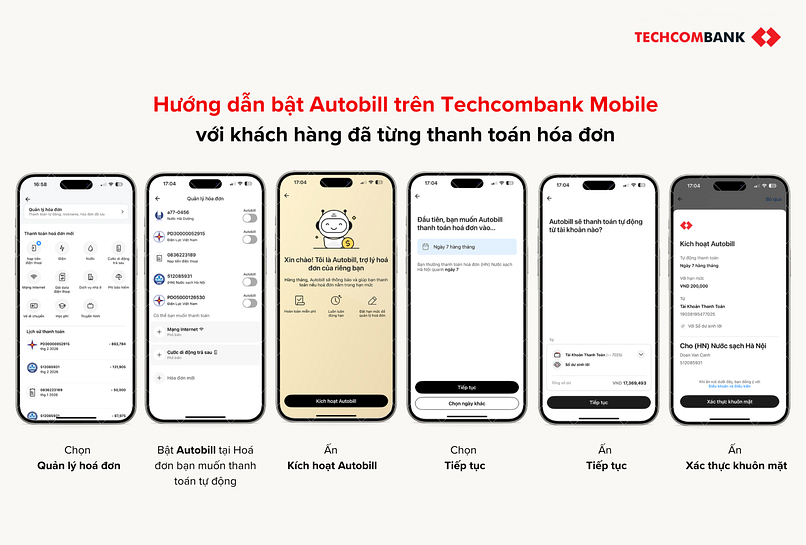 Hướng dẫn bật tính năng Autobill trên Techcombank Mobile khi đã từng thanh toán.
