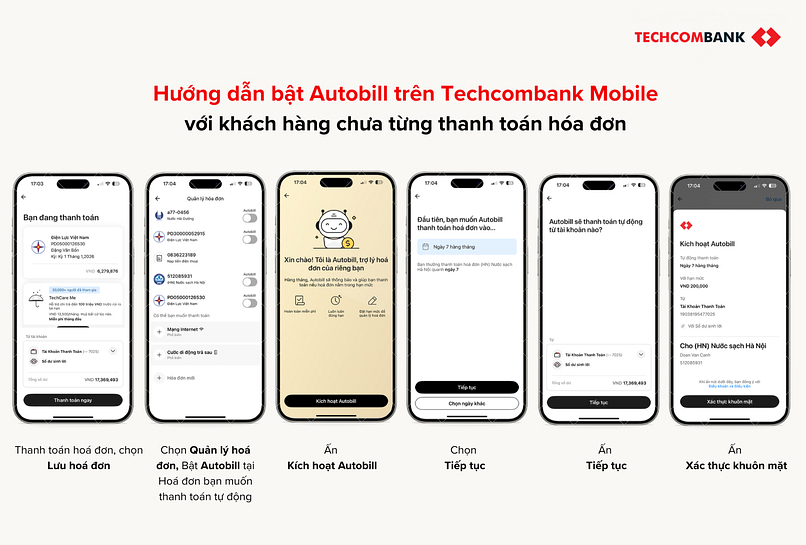 Hướng dẫn bật tính năng Autobill trên Techcombank Mobile với lần đầu thanh toán.
