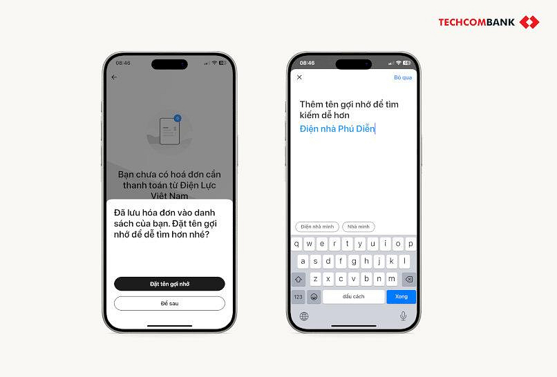 Đặt tên gợi nhớ cho hoá đơn với Techcombank Mobile.