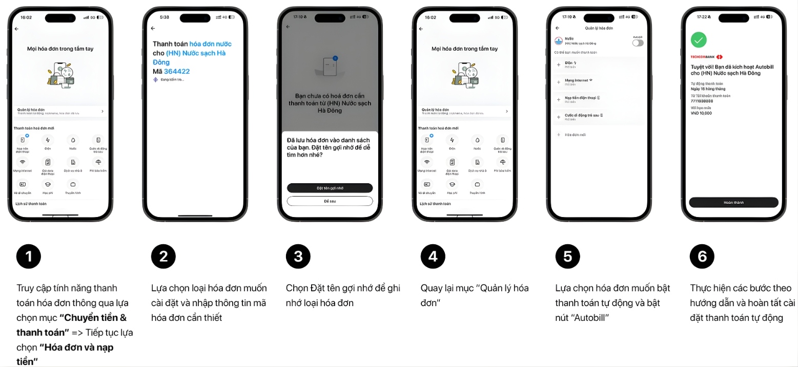 Hướng dẫn bật tính năng Autobill trên Techcombank Mobile với lần đầu thanh toán