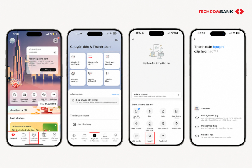 Thanh toán học phí online dễ dàng trên Techcombank Mobile.