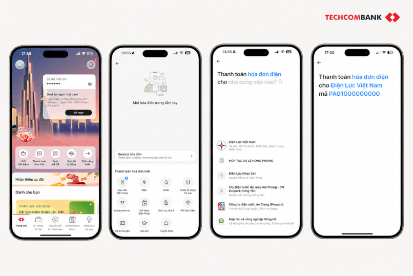 Thanh toán tiền điện bằng thẻ tín dụng với Techcombank Mobile