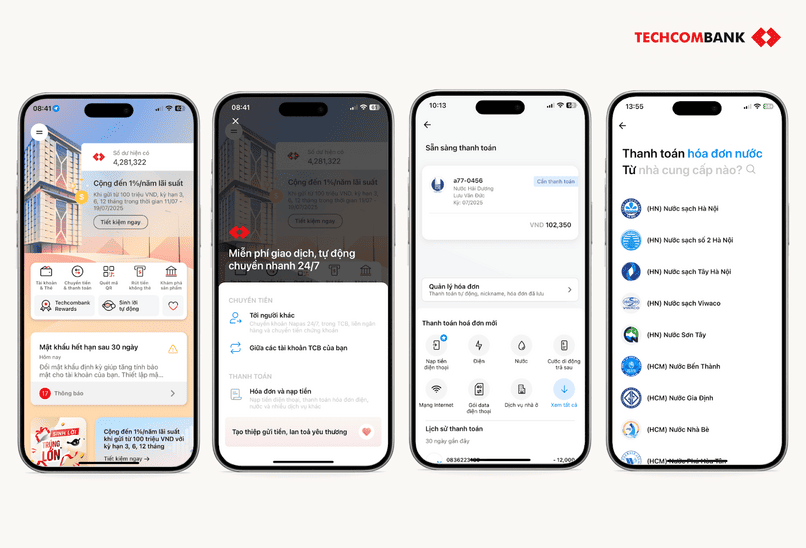 Hướng dẫn thực hiện thanh toán tiền nước online trên Techcombank Mobile.