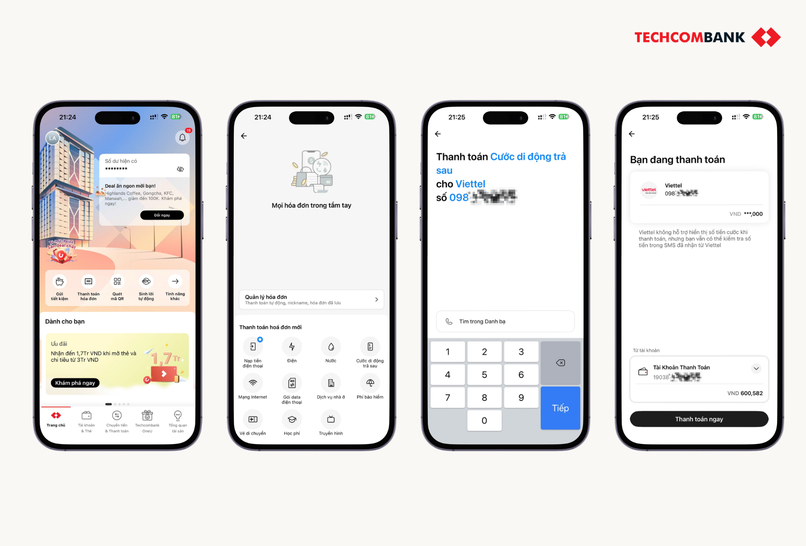 4 bước thanh toán cước trả sau Viettel trên Techcombank Mobile. 

