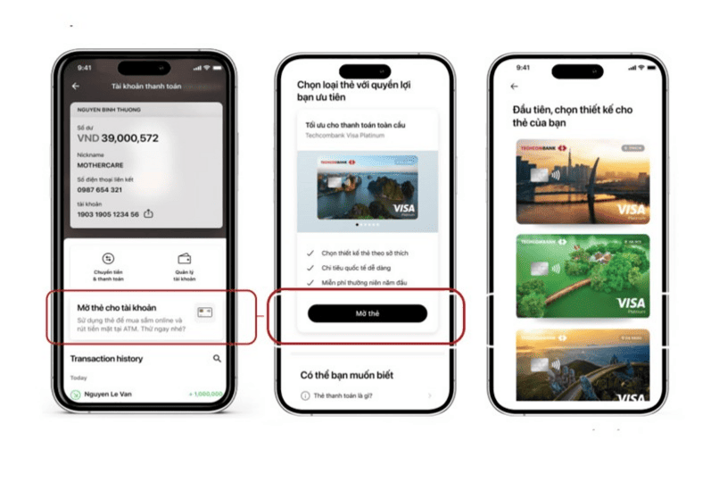 Mở thẻ mới cho tài khoản trên Techcombank Mobile.